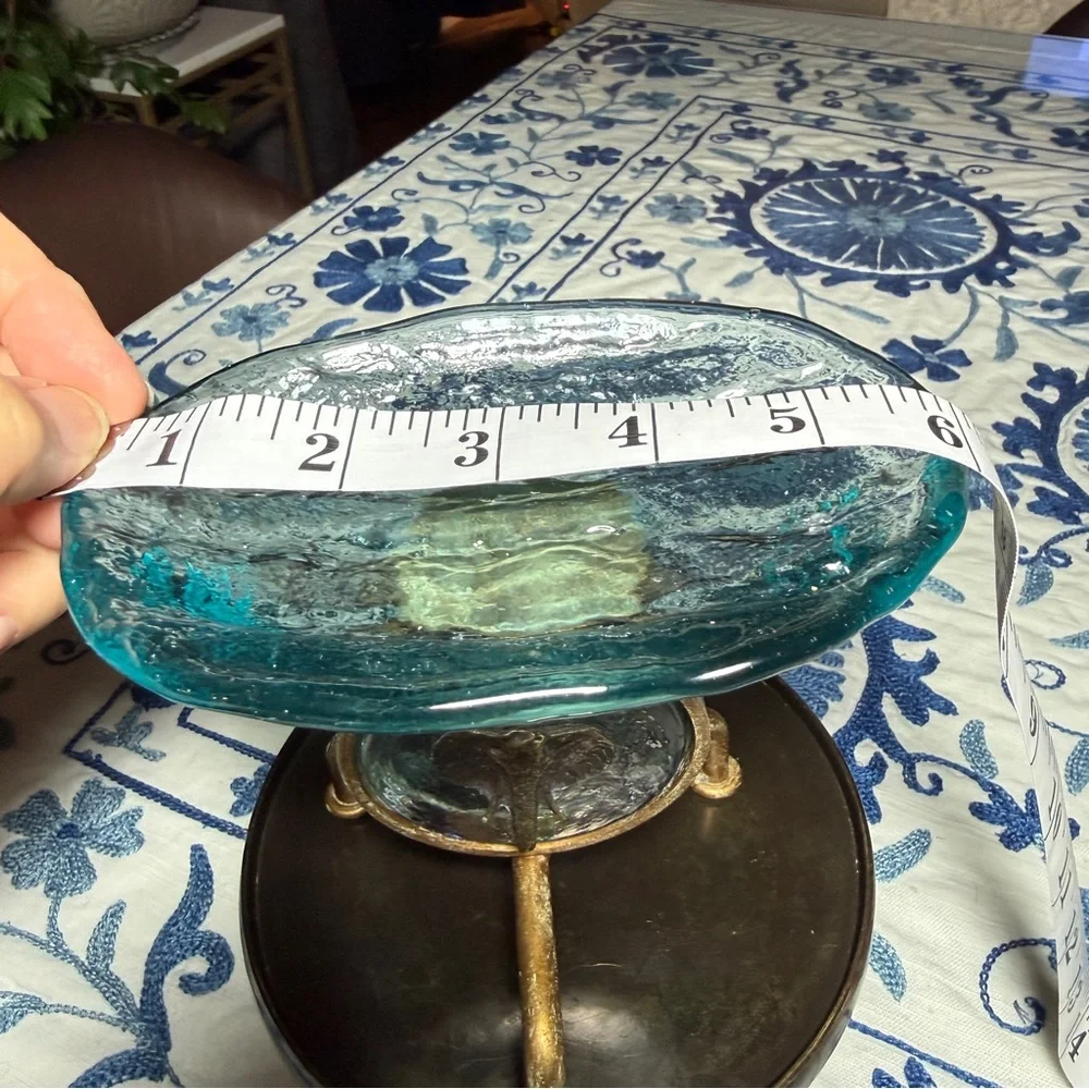VTG  Art nouveau Brass Ornate Stand with Blue Glass & Elephant MCM Soap Dish EUC